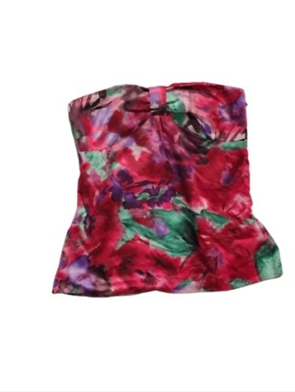 2000s Y2K Ann Taylor Loft Babydoll Bow Floral Satin Top Strapless Sz 00p